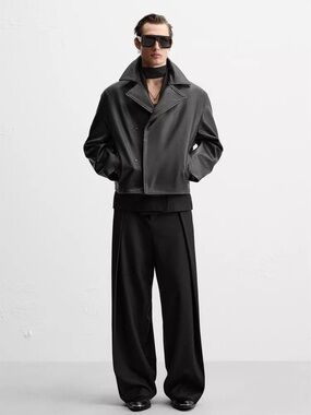 Zara Black Double-Breasted Leather Pea Coat